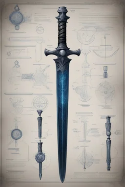 A blueprint schematic showing the inner workings of a magical obsidian glass sword,magical sigils,words of power, realistic lighting,in the style of Dishonored