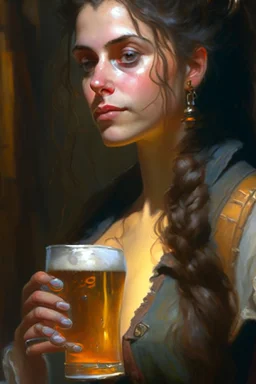 a painting of a woman holding a glass of beer, a fine art painting by Robert Lenkiewicz, cgsociety, fantasy art, detailed painting, 2d game art, unreal engine 5