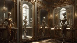 Mirrors reflect ghostly figures in the mansion of the damned, trending on artstation, award winning artwork on artstation, high quality printing, fine art with subtle redshift rendering cinematic lighting, detailed drawing by peter mohrbacher and David Cronenberg and Jimmy Nelson.