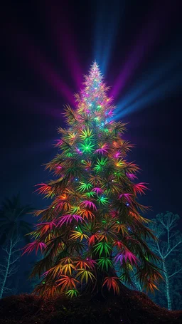 created an image of an extraterrestrial a hemp Christmas big tree hyperrealistic, ultra HD, in 8K, The tree is rare and extraña, no one sees what you see in the tree, Tiene rare colors that mix fluorescence and bioluminescence, in all the paleta of colors, its extra colors, its tall filaments of pilosos that parecen cobrar vida. The tree creates an alien forest, illuminated by a warm ray of light. Destaca the extraterrestrial environment and the hojas de la hierba.Style: Hi