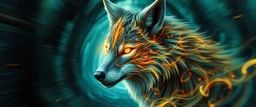 background as motion blurred forest twisted like a zoomed tunnel, blink wolf close up portrait of a plasma racoon fox horse king lama shape shifter flickers like hypnotic fire in geometric shapes like a dna swirl of time and a fearsome planeswalker covered in powerful runes