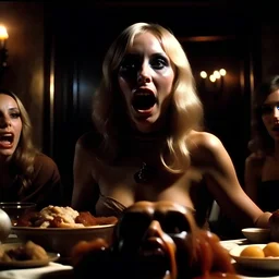 Horror movie shot, spooky, ultra realistic, dine, devil, spooky beast, ultra realistic hot blonde women, party, pieces of meat, organs, ail dynamic, anguish, very excited people, hypermaximalist, 1970's Italian horror movie, sinister, John Carpenter, Dario Argento, Stanley Kubrik, ornate, 4k, photorealism