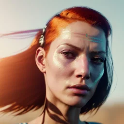 A beautiful portrait of a cyberpunk woman with lot's of grain on her skin red head with hair flying in the wind cyborg smiling facing camera orange color scheme, high key lighting, volumetric light high details with white stripes and feathers unreal 5, octane render, cinema4d, dynamic lighting, dramatic lighting, 4k, redshift render, highly detailed, hyper realistic