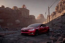 A Tesla 'Model S' is parked, within the trench of the Death Star. (CINEMATIC, WIDE ANGLE LENS, PHOTO REAL)