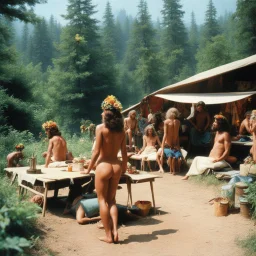a nudist camp in the 70s, with a psychedelic twist. Imagine a groovy commune nestled in the heart of nature, where people roam freely in their natural state, adorned with vibrant flower crowns and bell-bottoms. The air is filled with the scent of incense and freedom, as the sun-kissed bodies dance to the tunes of rock 'n' roll echoing through the trees.