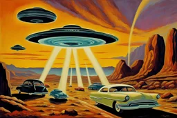 retrofuturism landscape with ufo in the sky, mountains, cars, rocks, 1950's sci-fi movies influence, henry luyten and ludwig dettman impressionism paintings