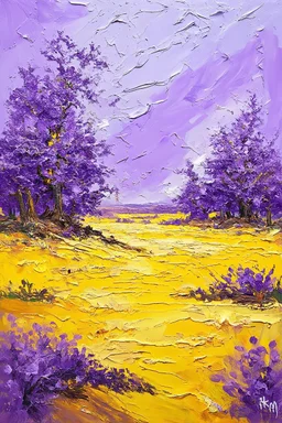 make an oil painting, abstract image of wonderful land ، purple , yellow