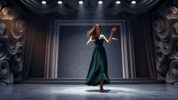 modern stage with gray-blue theme artistic decoration , color full dynamic lighting, a beautiful lady in modern maxy dark dark green dress with shining silver jwells dancing, 3D recursive fractal structure animating background