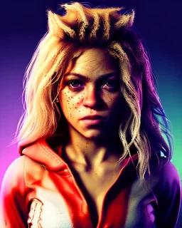 portrait, Shakira, blonde artist, angry, Realistic image, MMA robe, hoodie, mouthguard, nose, band aid, loose long hair, eyes make up, perfect, glow, circle iris. Rain, fog, Neon colors, leds. Dark background, photo studio, neon lights. concept art, smooth, unreal engine 5, god lights, ray tracing, RTX, lumen lighting, ultra detail, volumetric lighting, 3d, finely drawn, high definition, 4k.