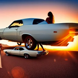 muscle car, married couple driving, desert road, sunset, full colour,