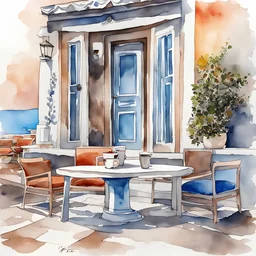 A coffee table with two chairs in front of the entrance of a Greek coffee shop in Santorini. Watercolor art with ink outline