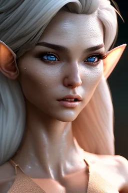 brunette elf, 8k, ultrarealistic, dynamic pose, complete body, LEGS!, intricately detailed, short hair, detailed hair, octane render, dynamic light, visible ultradetailed body, unequal sized eyes, unequal sized iris in eyes, unequal sized pupils, complete body in frame