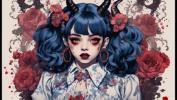 Poster in two gradually, a one side wears a smart shirt which is embroidered with bluered flowers and ornaments, has dark eyes and horns,malevolent goth vampire girl face and other side the Singer Melanie Martinez face, full body, painting by Yoji Shinkawa, darkblue and sepia tones,