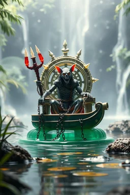 action figure of a glossed an transparent chained and crucified electric racoon necromancer on round swamp transparent glass boat eye wheel throne in a charged foggy jungle starry waterfall, blur background to make character pop out