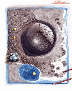 High-altitude lunar reconnaissance satellite image of a young impact crater with larger regolith along right ride. A damaged metallic alien sphere with fracture lines like an egg. organic growth across regolith and up crater walls. Along the lower frame edge a small modern bare-bones lunar-vehicle sits near the rim with visible wheel tracks. comic pencils