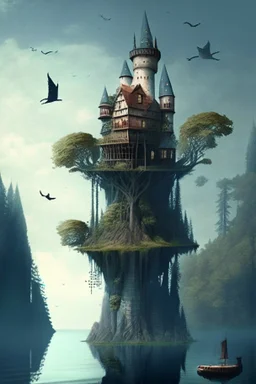 Fantasy three-story Gothic Tower, With A Side Building, On An Island, In A Lake, In Woodland, With A Flying Boat Overhead