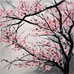 [art by Jean-Paul Riopelle] The cherry blossom branches would be depicted with thin and graceful lines, capturing their natural flow and organic structure. The branches may have a slightly wavy or curved appearance, giving them a more realistic and dynamic feel.Buds can be included alongside the fully bloomed flowers, showcasing the different stages of the cherry blossom's life cycle. These buds can be depicted as small, rounded shapes, often positioned close to the main flower or scattered alo