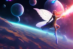 a beatiful portrait of a fairy flying in a space background by Magny style, riot game style, digital painting style, dramatic pose. cinematic lighting,high details, space atmosphere,trending on artstation