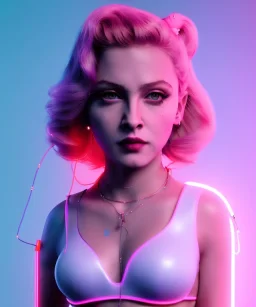 Artist, young madonna, android woman, sweet, blonde, white skin, long eyeliner, pink cheeks, purpurin make up, glossy lips, color leds lights, cables, short hair, circuits, cyberpunk, latex coat, cyber punk, neon, portrait, studio photo, unreal engine 5, soft color, 16 bit, god lights, ray tracing, RTX, lumen lighting, ultra deatail, volumetric lighting, 3d, finely drawn, hd.