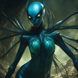 [photorealistic, greenish-blue] The Arachnomorph woman, a monstrous hybrid, had an elegant woman's upper torso merging seamlessly into a spider's abdomen. Supported by eight spindly legs ending in razor-sharp pikes, her obsidian eyes locked onto intruders with malevolent intelligence in the dimly lit cavern.