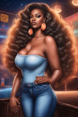 create an airbrush illustration of a curvy black female wearing Tight blue jeans and a peach off the shoulder blouse. Prominent make up with long lashes and hazel eyes. She is wearing brown feather earrings. Highly detailed long black shiny wavy hair that's flowing to the side. Background of a night club.