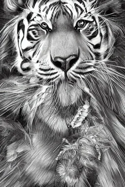 Rainforest, tall hybrid of human and tiger walking, frontal, model style, hyper realistic, accurate, delicate, extremely detailed, Graphic novel style, wide-angle, front view, open aperture, superfine pencil