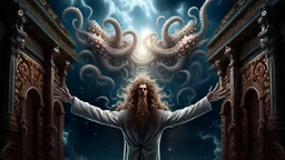 a cross with octopus arms up towards heaven, hair standing straight up, fluffy clouds, intense eyes,looking upwards, white pupils, close facial portrait of the streetwise magician posing in elaborate cape, angels and demons, fireflies , staircase with closed gates of heaven, 4 k, down light, depth of field, trending on art station, high detail, cracked ground