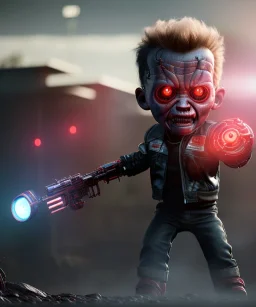 The Terminator toddler, red eye, full body, dramatic lighting, angry, hyper realistic