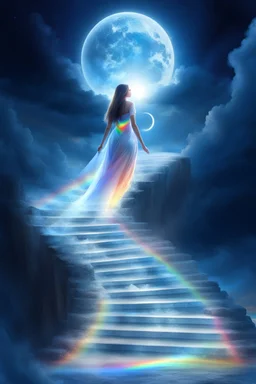 fantastic,Beautiful woman, stairway to heaven whit rainbow, ufos arc en ciel futuriste très beau