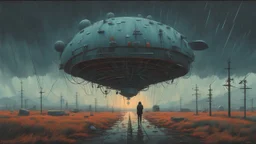 Strange surreal world, science fiction painting, Simon Stålenhag, Denis Sarazhin, ominous sky, Alex Colville, Alejandro Burdisio, Romain Trystram, RAW, gritty atmospheres, sinister surrealism, dark pop surrealism, neon techno-gothic punk, analog horror CRT, scan lines