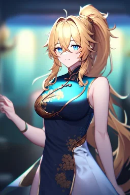 girl, masterpiece, best quality, cinematic lighting, detailed outfit, vibrant colors, perfect eyes, blue eyes, long hair, golden hair, messy hair, hair between eyes, depth of field, ray tracing, chinese clothes, ponytail,