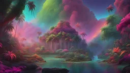NEON RED-GREEN-PURPLE-PINK-ORANGE-&SILVER COLORED DREAMSCAPE RAINFOREST NFT (DREAMSCAPE ) IS PARADISE ISLAND WITH 🏝 THICK BOLD COLORS AND SHADES OF RAINBOW ILUMINATE THE CENE