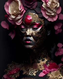 Beautiful young vantablack woman portrai, adorned with pink and cherry red japanese coloupalimpsest art nouveau voidcore camelia japonica floral headress, venetian style Golden filigree floral embossed masque wearing venetian palimpsest art nouveau camelia japonica floral embossed costume dress Golden dust and silver gradient colour, organic bio spinal ribbed detail of palimpsest art nouveau camelia japonica full floral background extremely detailed hyperrealistic maximálist concept portrait ar