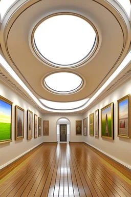 3D-shot A hall for displaying art paintings in the shape of an oval, and there will be an oval wall in the hall, and the paintings will be hung on the walls