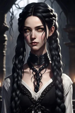 Young beautiful female Hexblood character . Bright glowing pale eyes. Long, thick, silky jet-black hair reaching her waist, with a center part and two loose Dutch braids starting at her temples, flowing into the rest of her straight hair. A few soft strands frame her face. Thin dark vine-like markings spread across neck and collarbone as a sign of an ancient curse. Dark fantasy, realistic, cinematic, highly detailed.
