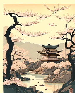 A serene, Japanese woodblock print-style illustration of a traditional temple set amidst a tranquil landscape of cherry blossoms, gentle streams, and rolling hills, using a soft color palette and delicate composition techniques.