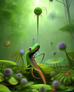 large venus fly trap with teeth eating a dragonfly, flowers, jungle, hyperrealistic, trees in background, digital art, alien like, disgusting, intricate, morbid, rainy, sinister, volumetric lighting, unreal engine, high resolution, 8k, depressing colours,