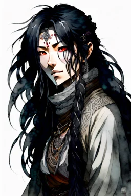 ink wash and watercolor illustration of an Anime ancient grizzled, gnarled female vagabond wanderer, long, black hair streaked with grey, highly detailed facial features, sharp cheekbones. Her eyes are black. She wears weathered roughspun Celtic clothes, emaciated and tall, with pale skin, full body , thigh high leather boots within a forest of massive ancient oak trees in the comic book style of Bill Sienkiewicz and Jean Giraud Moebius , dramatic natural light and shadow, rich vibrant colors