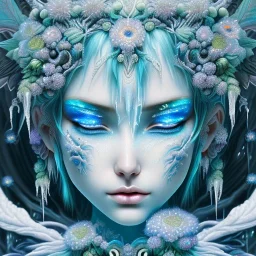 icy blue, anime, mutated human,tears, crying, sad, fae, majestic, ominous, ice, plants, wildflower, facepaint, intricate, oil on canvas, masterpiece, expert, insanely detailed, 4k resolution, retroanime style, cute big circular reflective eyes, cinematic smooth, intricate detail , soft smooth lighting, soft pastel colors, painted Rena