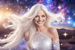 very beautiful cosmic women with white long hair, smiling, with cosmic dress and in the background there is a bautiful sky with stars and light beam