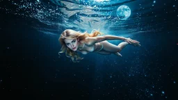 Airbrush, A slender, ethereal woman with cascading blonde hair and piercing sapphire-blue eyes dives into the velvety blackness of the ocean, surrounded by an otherworldly aura of bioluminescence that shimmers like a thousand tiny lanterns. Airbrush, The water around her sparkles with a mesmerizing glow, as if filled with stardust, with delicate, swirling patterns that evoke the shimmering beauty of the night sky. Stars and the moon hang low in the background, casting a silvery glow across the s