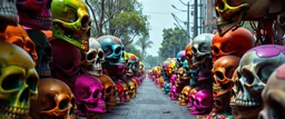 a field of skulls, multi colored, bright, vivid, psychedelic, high detailed, high gloss, insanly detailed, matte, horrorcore, lining the street, unsettling contrast