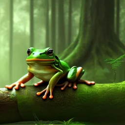 Green frog on a log in a tropical rain forest, background blurry, realistic, unreal engine, artstation, 3D, John Howe