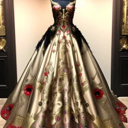 stunning couture gown designed by Marchesa inspired by fairies, realistic epic elegant fantasy colors in gold and black and red,decorated with precious stones, detailed, high quality, intricate, fantasyland background,