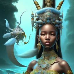 Sango fantasy, fantasy magic, intricate, sharp focus, illustration, highly detailed, digital painting, concept art, matte, art germ and Paul Lewin and Kehinde Wiley, masterpiece Aztec princess dancer head bronze feather's' Asian African girl nice breast Thai hair turquoise silver blue under water