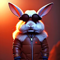 Rabbit toddler, smile, steampunk headphone, sunglass, gangsta neckless, full body, orange puffer jacket, tokio background, dramatic lighting, hyper realistic, unreal engine 5, 16k