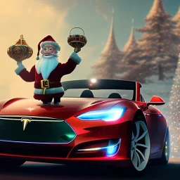 Santa claus driving his red Tesla convertible car, character design by cory loftis, fenghua zhong, ryohei hase, ismail inceoglu and ruan jia. unreal engine 5, artistic lighting, highly detailed, photorealistic, fantasy