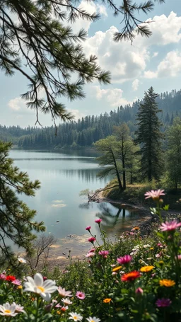 A lake, trees, flowers, 8k, high quality, trending art, trending on artstation, sharp focus, studio photo, intricate details, highly detailed, by greg rutkowski