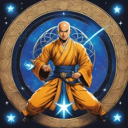 (in the style of Orion, by Masamune Shirow) a Shaolin monk casting a magic spell in the middle of a pentacle, magic is in the air
