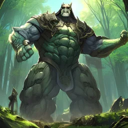beastmen warriors adoring a Giant Humanoid stone statue, Forest Background